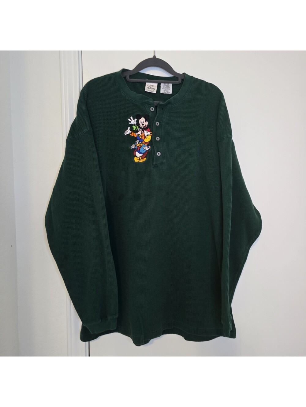 VTG Disney Mickey Embroidered Waffle Weave Green Henley Long Sleeve Shirt Sz XL